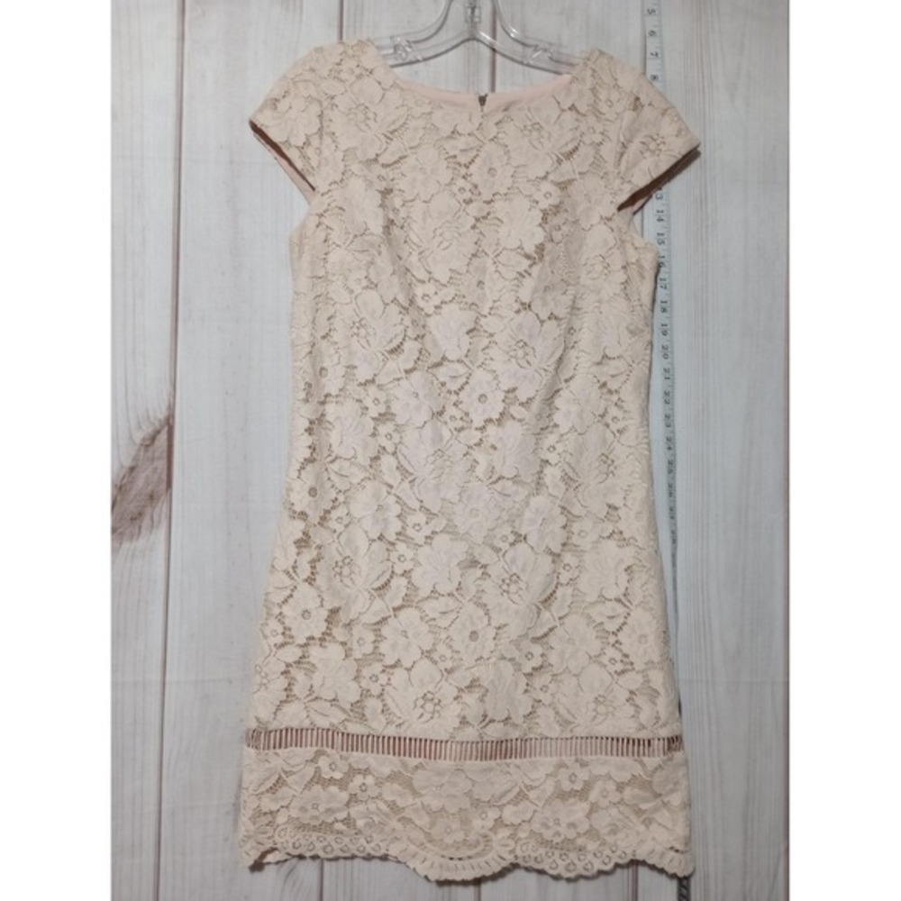 Vince Camuto Dress Womens 6 Pink Lace Floral Overlay Short Sleeve Party Wedding